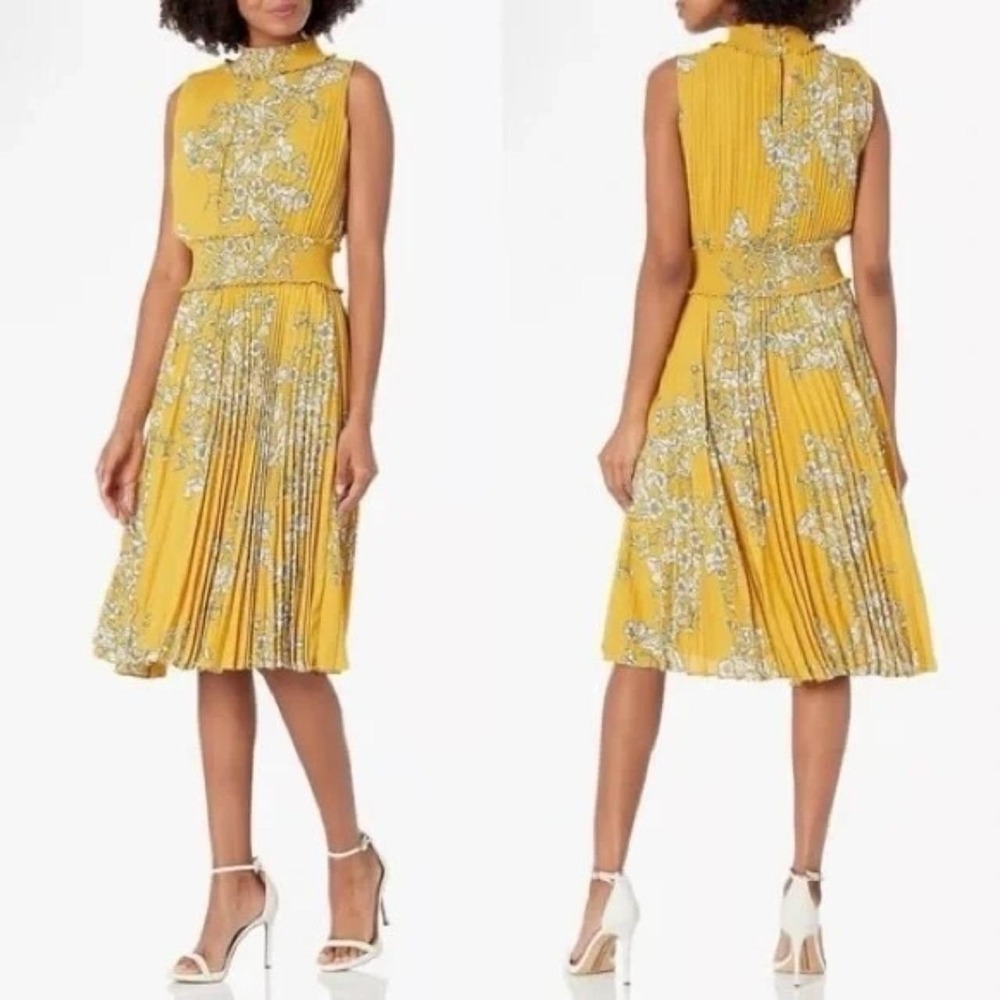 Nanette Lepore Mustard Floral Pleated Mock Neck Smocked Waist Midi Dress 12